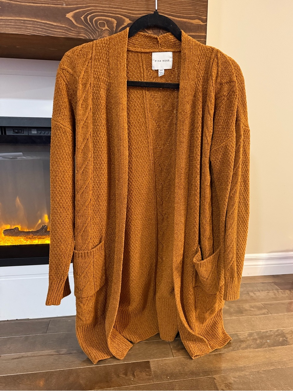 Pink Rose Open-Front Cable Knit Cardigan - Amber Brown